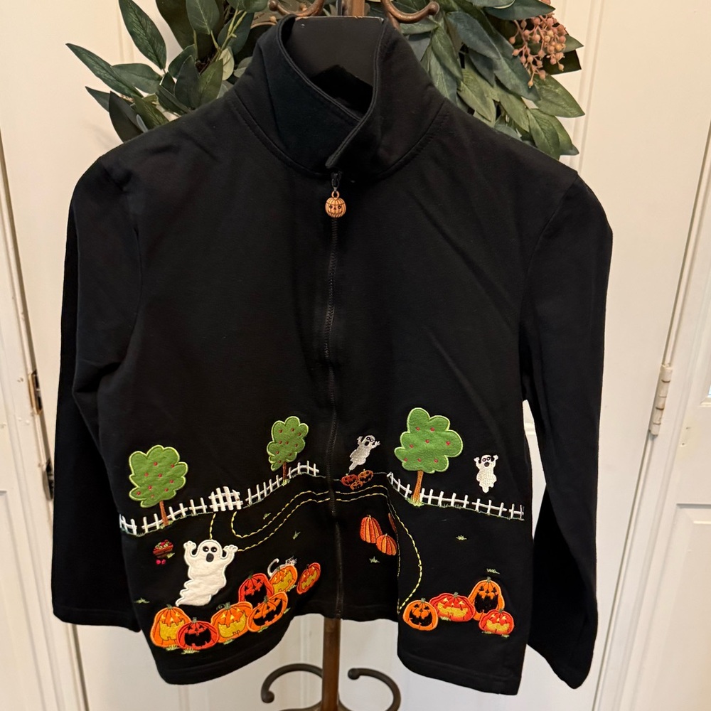 Onque Casuals Fun Halloween Full Zip Cardigan Shacket LS S Ghost & Pumpkins - Picture 2 of 15